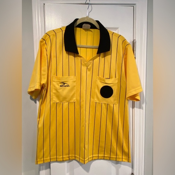 Score Size Adult Medium Yellow Black Stripe Short Sleeve Soccer Referee Jersey - Picture 1 of 11